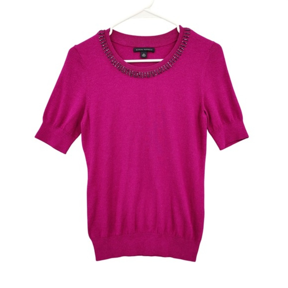 Banana Republic Women Preppy Elegant Luxe Silk Cotton Beaded S Sweater Magenta